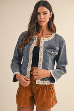 Load image into Gallery viewer, AnnieWear CROPPED Lace Trimmed Denim Jacket in Medium Denim
