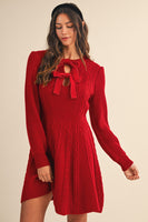 AnnieWear Holiday Cable Knit Sweater Dress with Velvet Bows in Dark Red