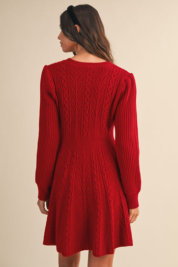 AnnieWear Holiday Cable Knit Sweater Dress with Velvet Bows in Dark Red