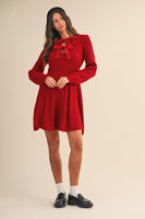 AnnieWear Holiday Cable Knit Sweater Dress with Velvet Bows in Dark Red