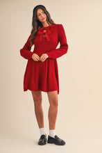 Load image into Gallery viewer, AnnieWear Holiday Cable Knit Sweater Dress with Velvet Bows in Dark Red
