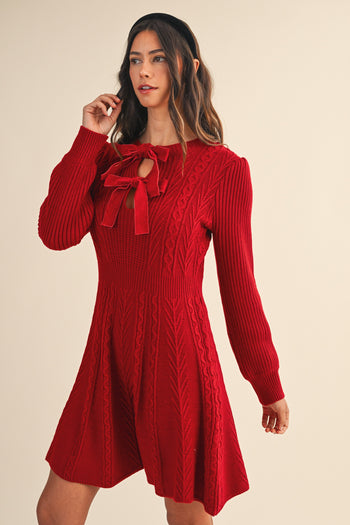 AnnieWear Holiday Cable Knit Sweater Dress with Velvet Bows in Dark Red