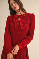 AnnieWear Holiday Cable Knit Sweater Dress with Velvet Bows in Dark Red