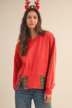 Load image into Gallery viewer, AnnieWear Mineral Washed Christmas Plaid Bow Embroidered Sweatshirt in Red
