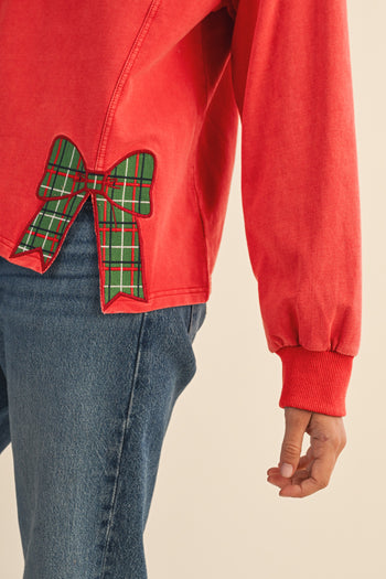 AnnieWear Mineral Washed Christmas Plaid Bow Embroidered Sweatshirt in Red