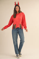 AnnieWear Mineral Washed Christmas Plaid Bow Embroidered Sweatshirt in Red