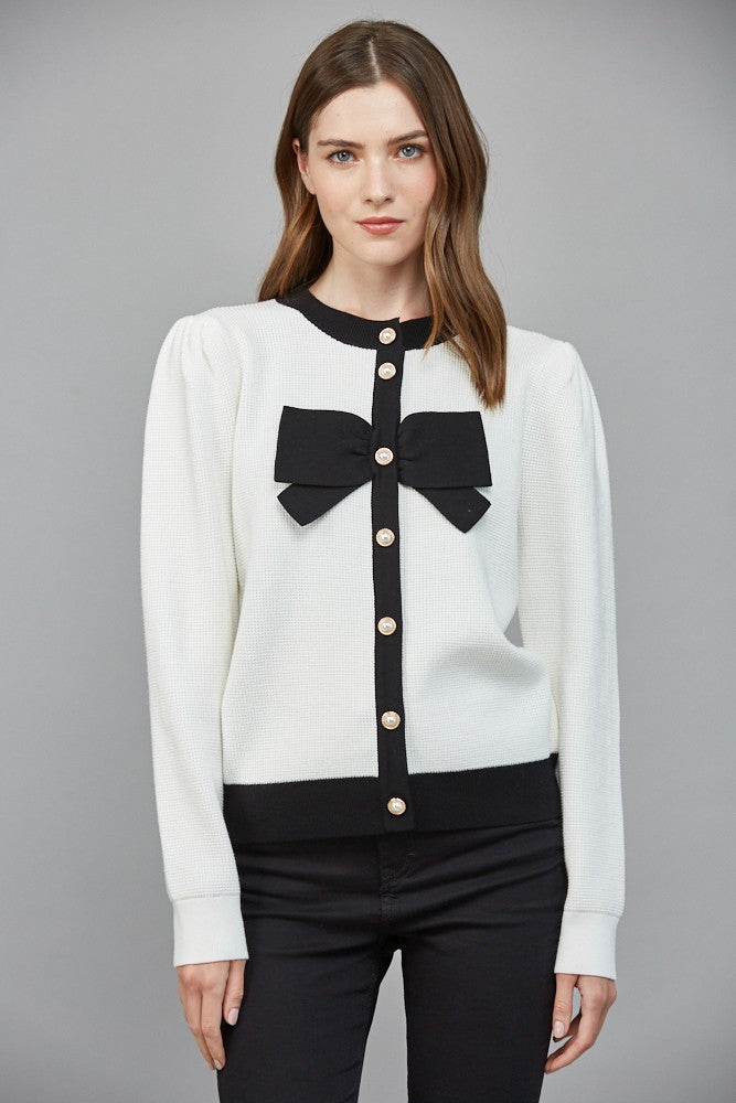 FATE Button Up cardigan with Bow Front in Cream Black – June Adel