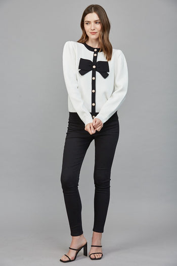 FATE Button Up cardigan with Bow Front in Cream Black