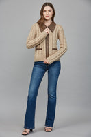 FATE Cable Knit Jacket with Contrasting Faux Leather Trim in Taupe