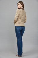 FATE Cable Knit Jacket with Contrasting Faux Leather Trim in Taupe