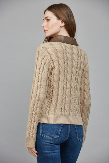 FATE Cable Knit Jacket with Contrasting Faux Leather Trim in Taupe