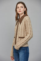 FATE Cable Knit Jacket with Contrasting Faux Leather Trim in Taupe