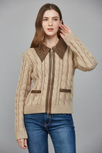 Load image into Gallery viewer, FATE Cable Knit Jacket with Contrasting Faux Leather Trim in Taupe
