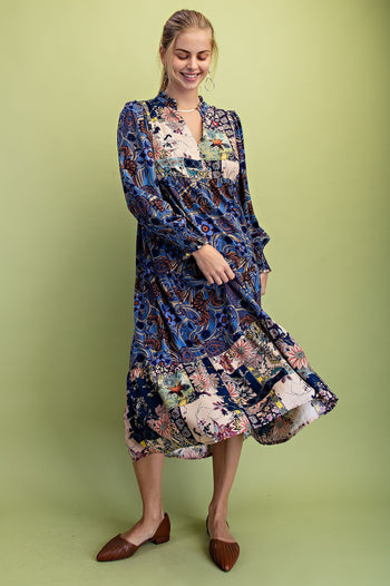 GiGio Mixed Print Tiered Midi Dress in Midnight ON ORDER