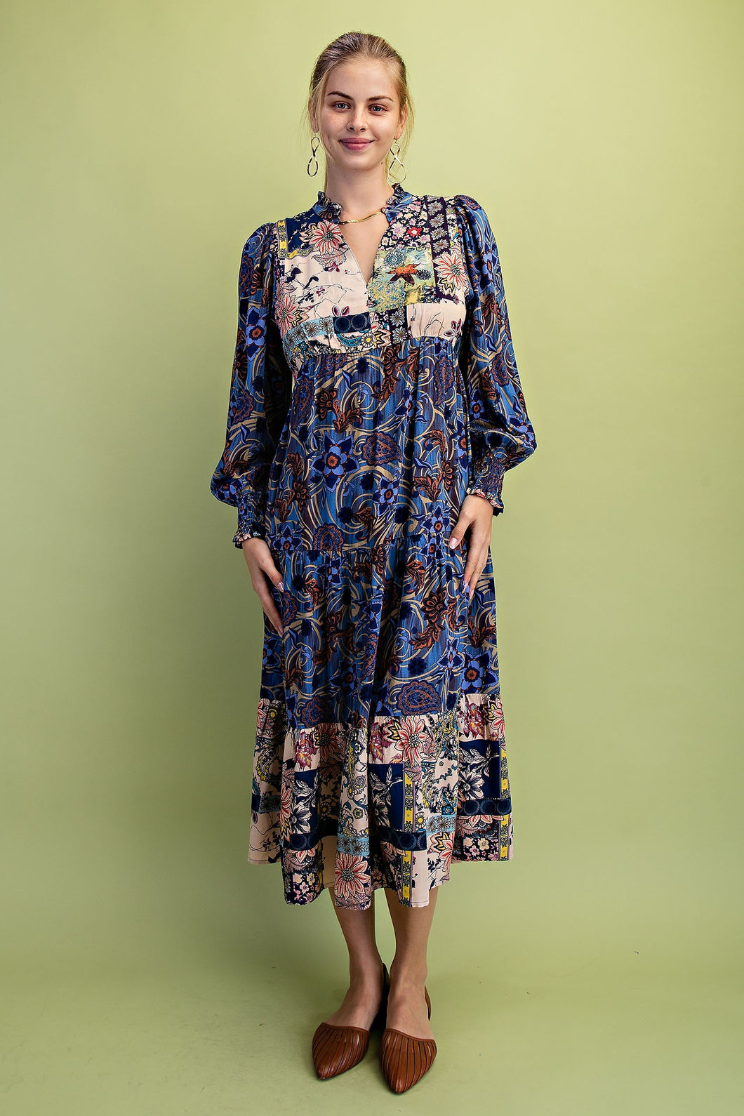 GiGio Mixed Print Tiered Midi Dress in Midnight ON ORDER