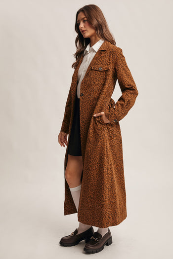 Forte Washed Leopard Trench Coat in Caramel