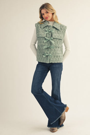 Jodifl Quilted Vest with Front Bow Accents in Sage