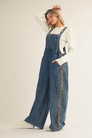 Jodifl Leopard Side Stripe Overalls in Denim
