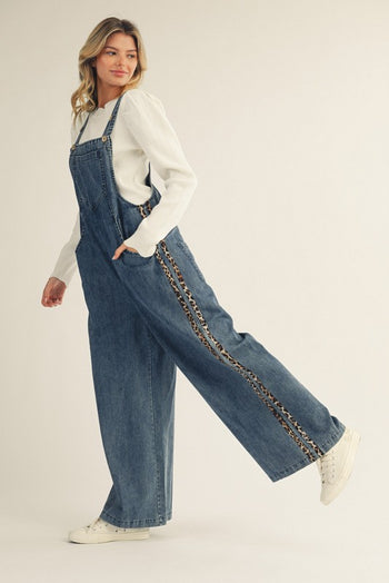 Jodifl Leopard Side Stripe Overalls in Denim