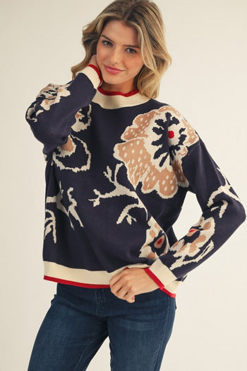 Jodifl Knit Floral Pattern Sweater in Navy