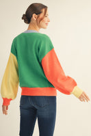 Jodifl Color Block Knit Sweater with MERRY Letter Patch Front and Pearl Accents in Green Mix