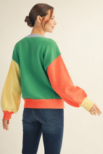 Load image into Gallery viewer, Jodifl Color Block Knit Sweater with MERRY Letter Patch Front and Pearl Accents in Green Mix
