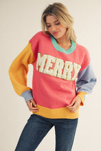 Load image into Gallery viewer, Jodifl Color Block Knit Sweater with MERRY Letter Patch Front and Pearl Accents in Flamingo Mix
