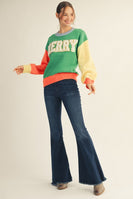 Jodifl Color Block Knit Sweater with MERRY Letter Patch Front and Pearl Accents in Green Mix