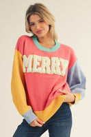 Jodifl Color Block Knit Sweater with MERRY Letter Patch Front and Pearl Accents in Flamingo Mix