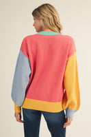 Jodifl Color Block Knit Sweater with MERRY Letter Patch Front and Pearl Accents in Flamingo Mix