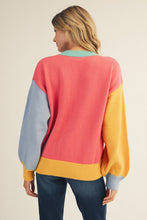 Load image into Gallery viewer, Jodifl Color Block Knit Sweater with MERRY Letter Patch Front and Pearl Accents in Flamingo Mix
