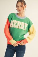 Jodifl Color Block Knit Sweater with MERRY Letter Patch Front and Pearl Accents in Green Mix