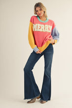 Load image into Gallery viewer, Jodifl Color Block Knit Sweater with MERRY Letter Patch Front and Pearl Accents in Flamingo Mix

