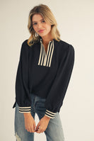 Jodifl Color Ribbed Band Accent High Neck Top in Black
