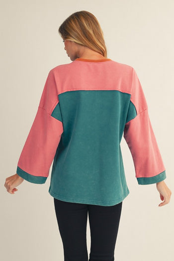 Jodifl OVERSIZED Colorblock Flower Patched Top in Teal
