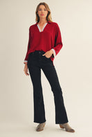 Jodifl Solid Color Crinkle Top with Contrasting Color Block Striped Trim in Burgundy