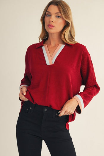 Jodifl Solid Color Crinkle Top with Contrasting Color Block Striped Trim in Burgundy