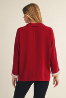 Jodifl Solid Color Crinkle Top with Contrasting Color Block Striped Trim in Burgundy