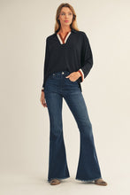 Load image into Gallery viewer, Jodifl Solid Color Crinkle Top with Contrasting Color Block Striped Trim in Black
