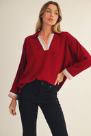 Jodifl Solid Color Crinkle Top with Contrasting Color Block Striped Trim in Burgundy
