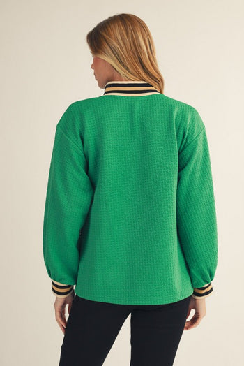 Jodifl Color Ribbed Band Accent Textured Top in Green