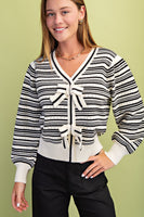 GiGio Striped Knit Sweater with Bow Details Front in Black