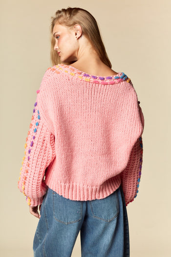 RARERAW Pom-Pom Knit Cardigan With Rainbow Bow Accents in Candy Pink