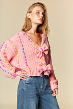 Load image into Gallery viewer, RARERAW Pom-Pom Knit Cardigan With Rainbow Bow Accents in Candy Pink
