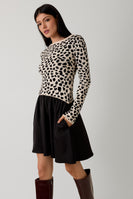 Sunday Edition Animal Knit and Woven Knit Mix N Match Mini Dress in Cream-Black