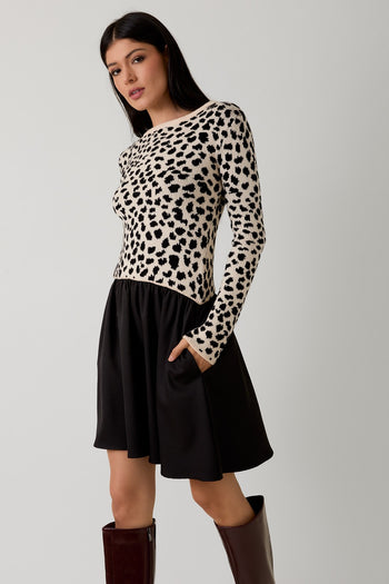 Sunday Edition Animal Knit and Woven Knit Mix N Match Mini Dress in Cream-Black