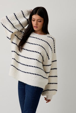 Sunday Edition OVERSIZED Soft Textured Knit Sweater in White-Navy Stripe