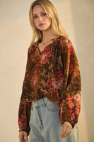 Oddi Floral Print Peasant Top in Rust Multi