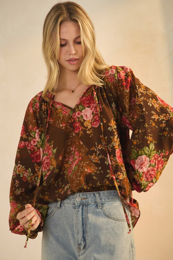 Oddi Floral Print Peasant Top in Rust Multi