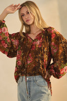 Oddi Floral Print Peasant Top in Rust Multi